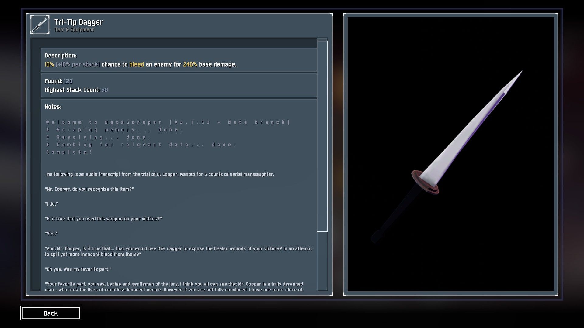 The Tri-Tip Dagger in Risk of Rain 2's logbook