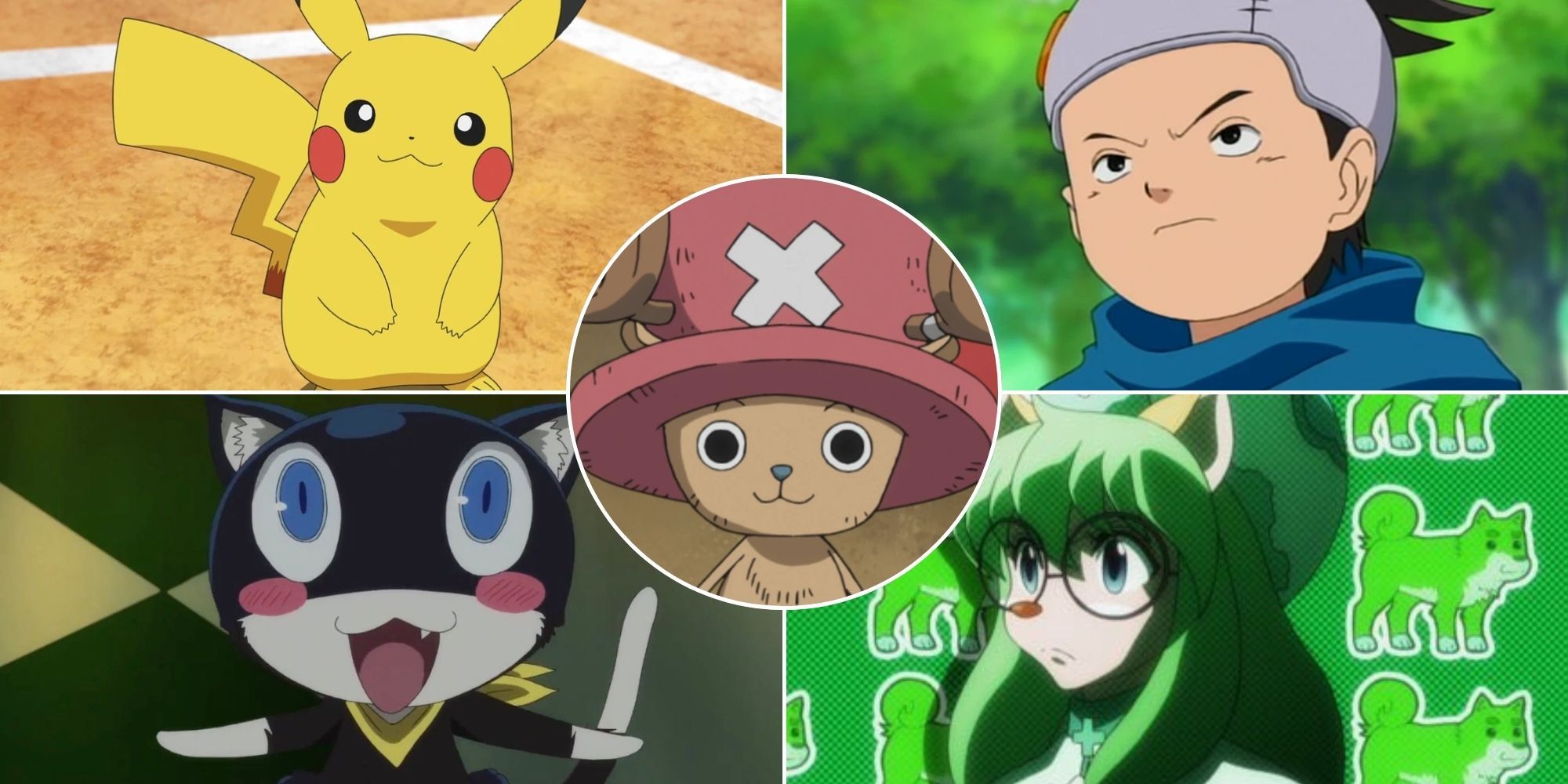 A collage of 5 characters who are voiced by Ikue Ōtani: Pikachu from Pokemon, Konohamaru from Naruto, Morgana from Persona 5, Cheadle from Hunter x Hunter and Tony Tony Chopper from One Piece.