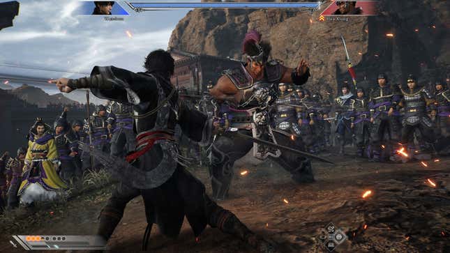 The protagonist is in a duel with Hua Xiong, his sword is approaching the enemy’s legs.