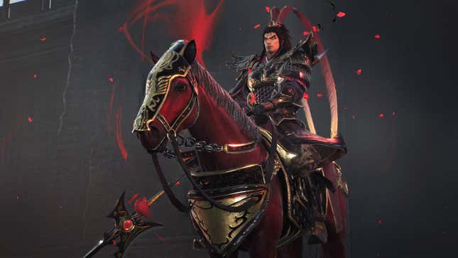 The infamous Lu Bu is seen riding a horse while wearing heavy armor.