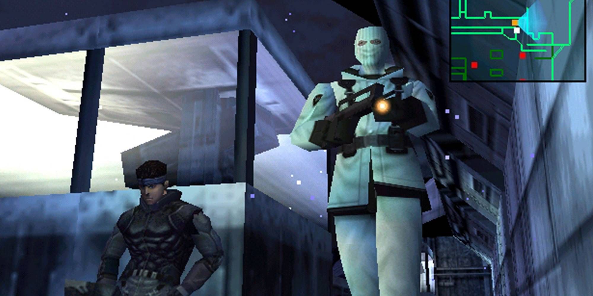 A dark clad figure crouches as a man walks by with a weapon in a snowy environment in Metal Gear Solid 1