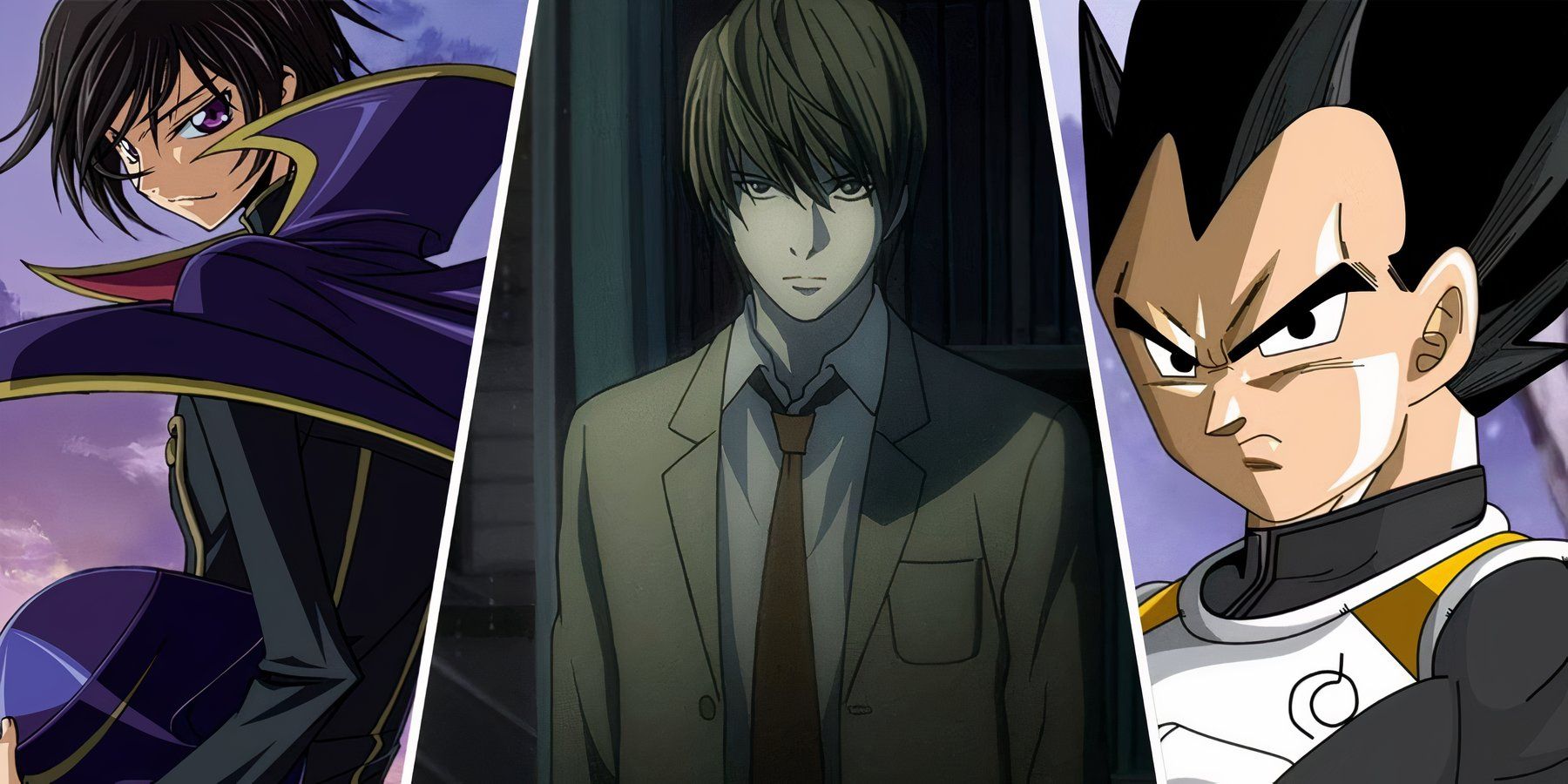 A split image of Lelouch, Light Yagami and Vegeta