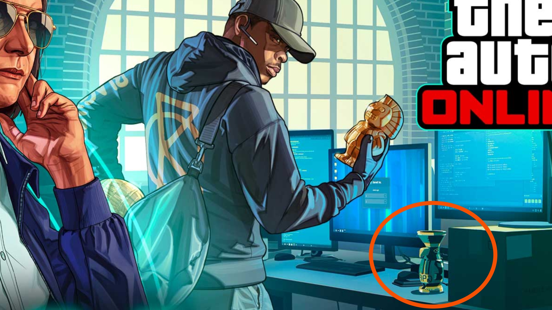 GTA 6 teaser GTA Online: A section of key art for GTA Online Agents of Sabotage with a small statue highlighted by an orange circle