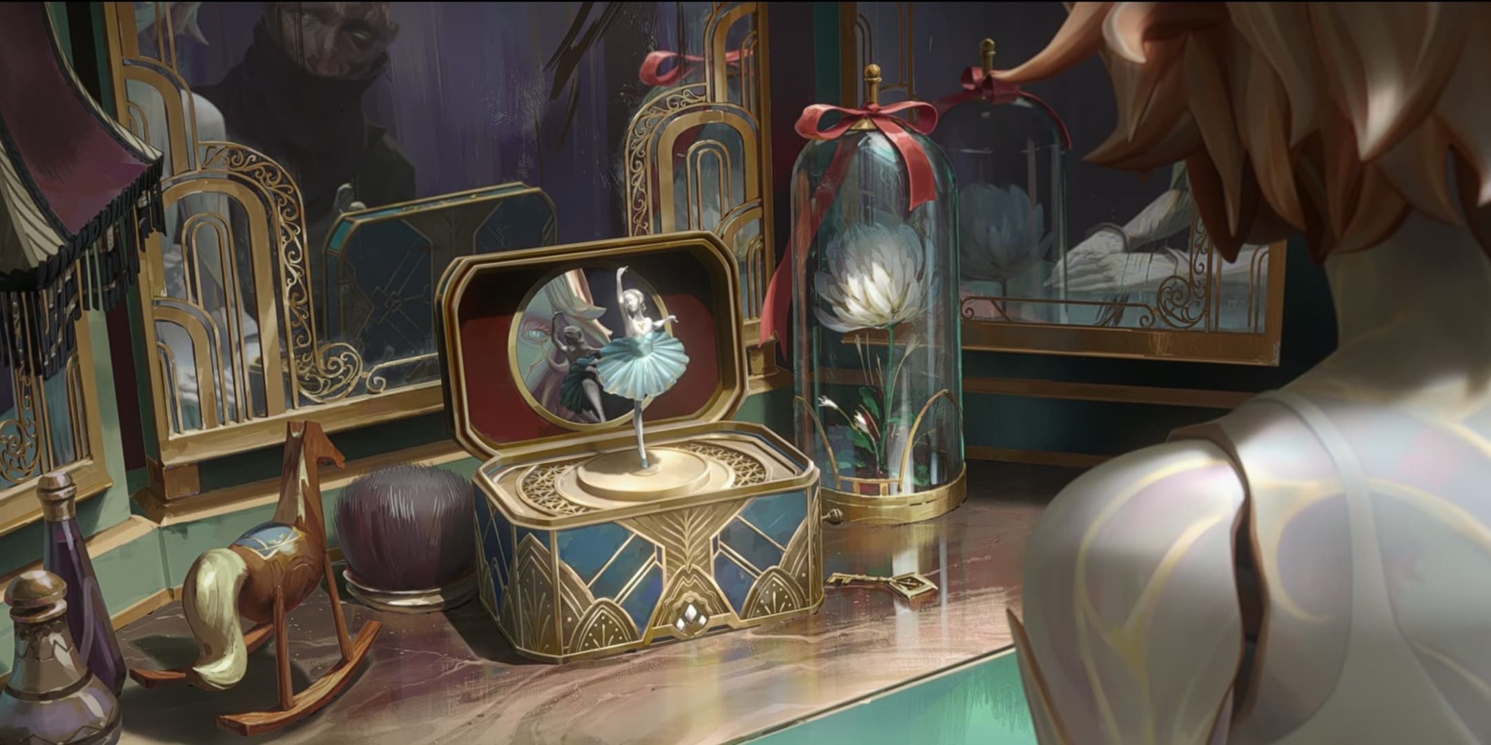 Orianna looking at her reflection with Singed behind her, in Arcane.