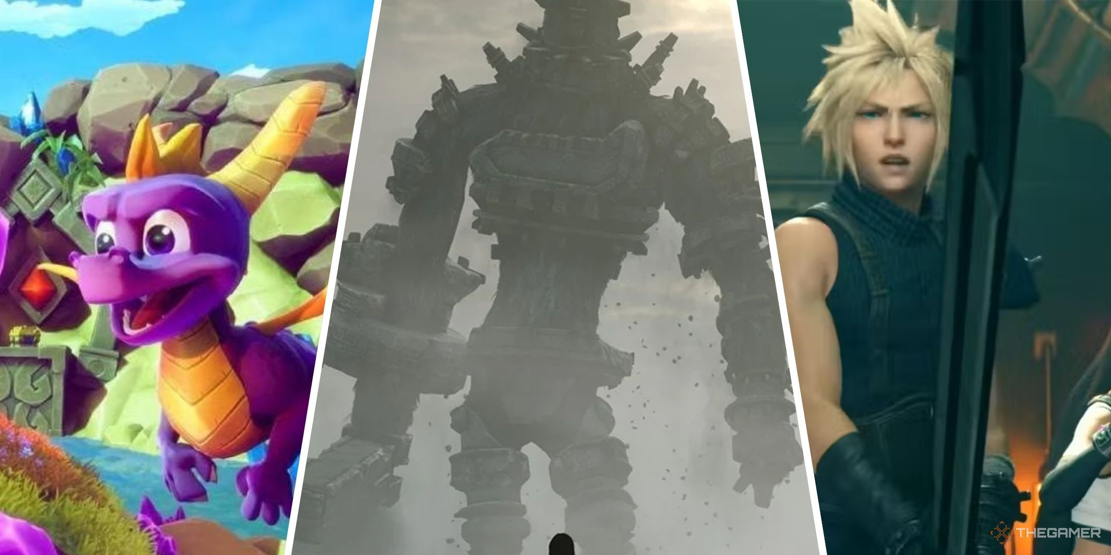 Split image of Spyro, Shadow of the Colossus, and Final Fantasy 7.