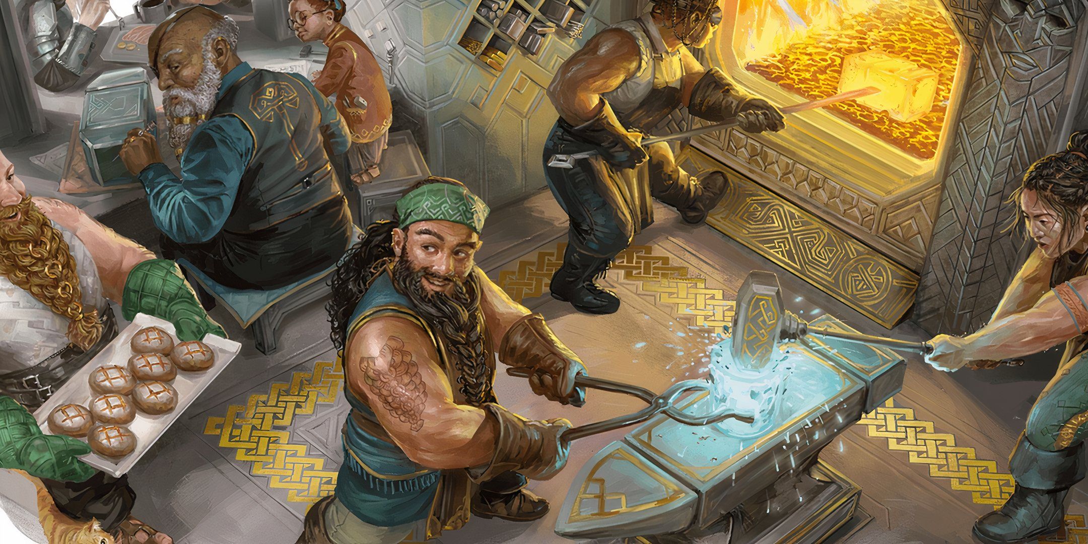 A group of dwarves working at a forge, hammering away at metal in Dungeons & Dragons. 