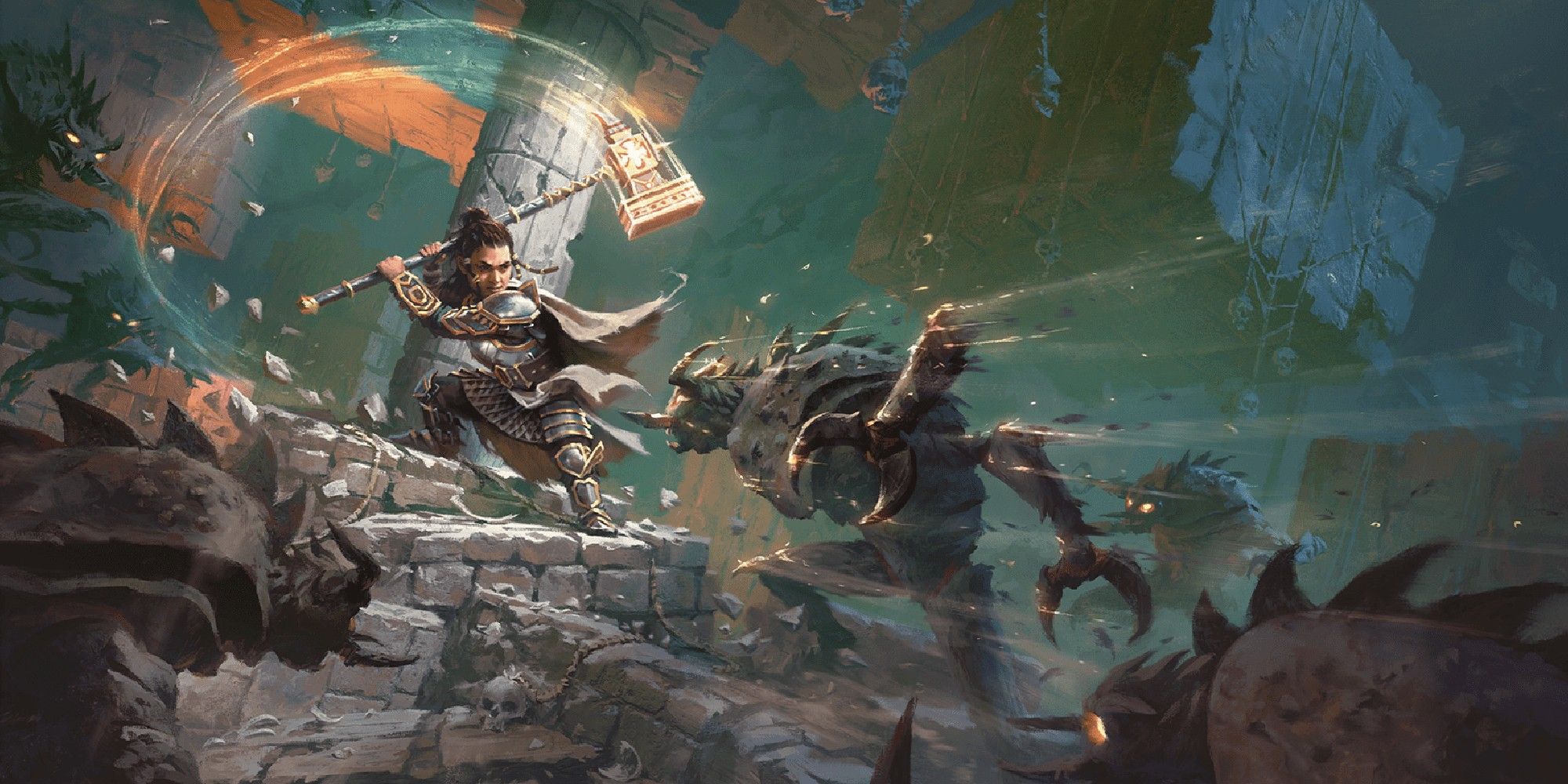 Dungeons & Dragons image showing a paladin fighting monsters.