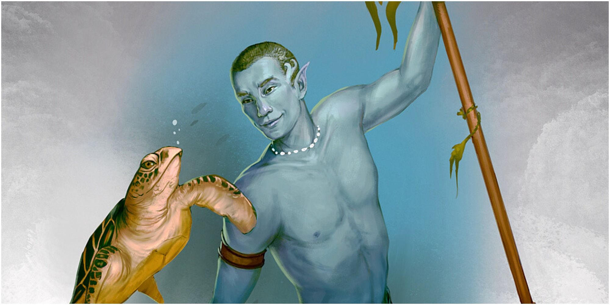 A blue skinned elf with buzzed green hair swims alongside a turtle.