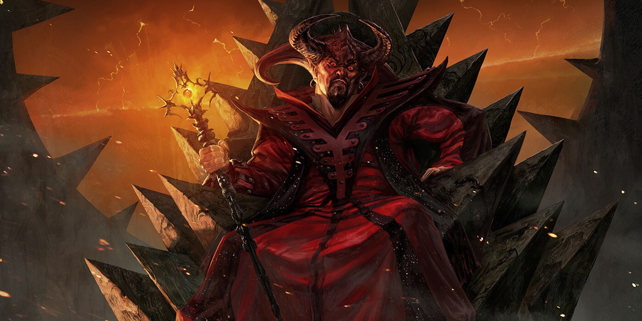 Asmodeus sits on a throne, wielding a scepter. He has red horns and wears dark red and black robes.