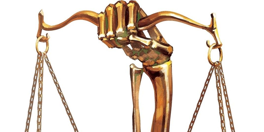 A golden skeletal hand holding a set of balanced scales.