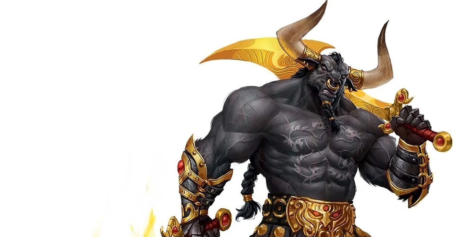 A minotaur barbarian wielding golden blades.