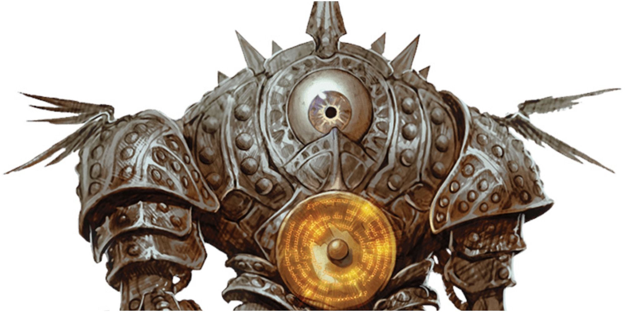 A heavily armored eye with wings on the shoulders and a golden disc in the torso.