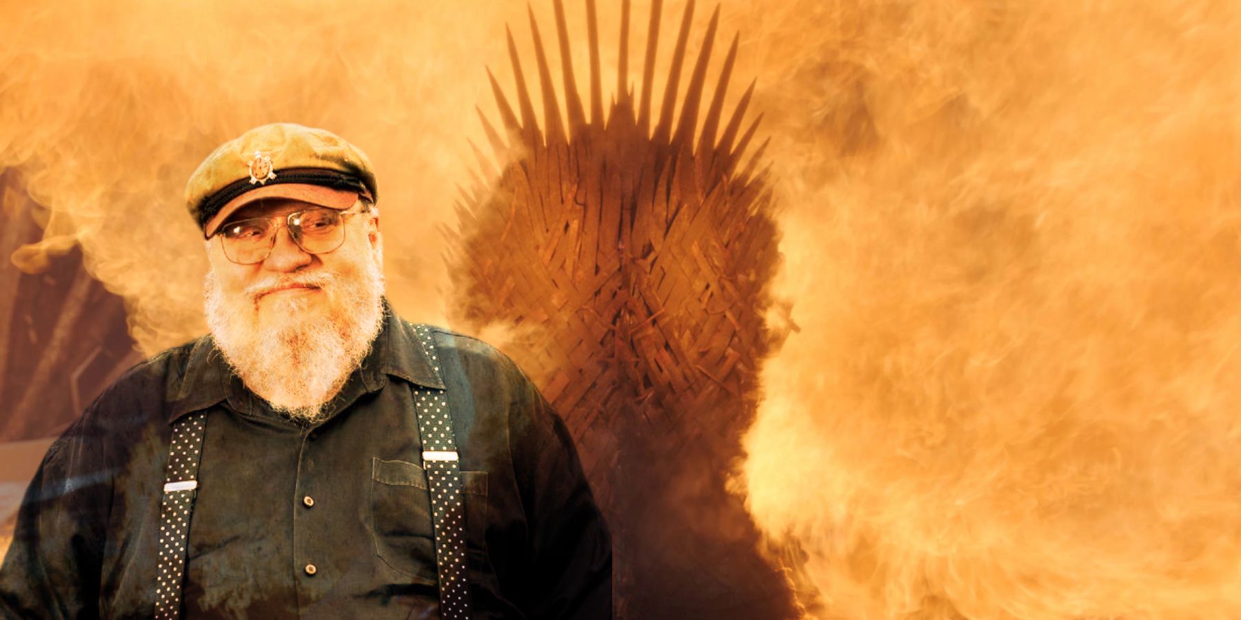 George R.R. Martin and a fiery Iron Throne in Game of Thrones