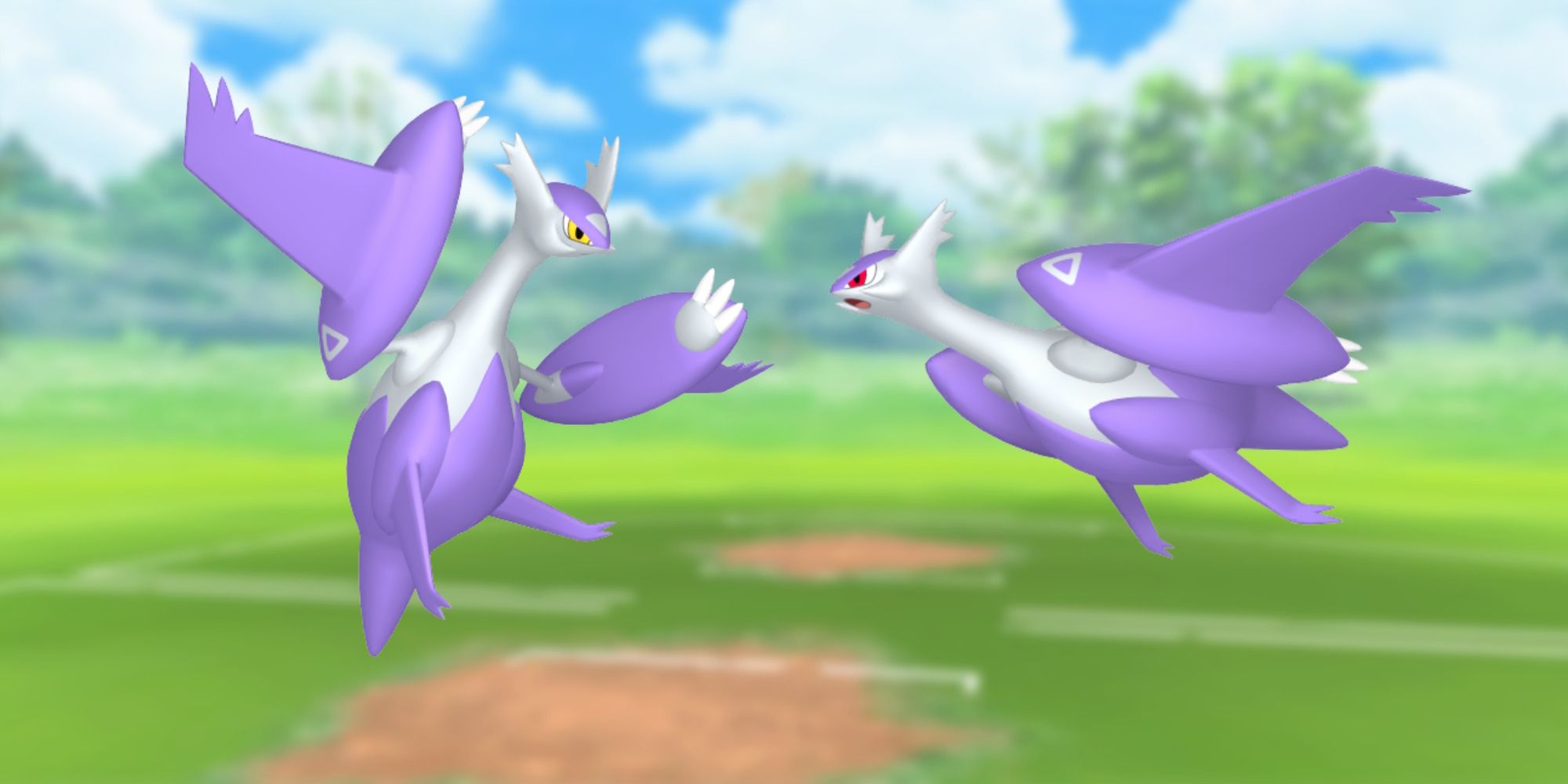 Mega Latios and Mega Latias from Pokemon, with the Pokemon Go battlefield as the background.