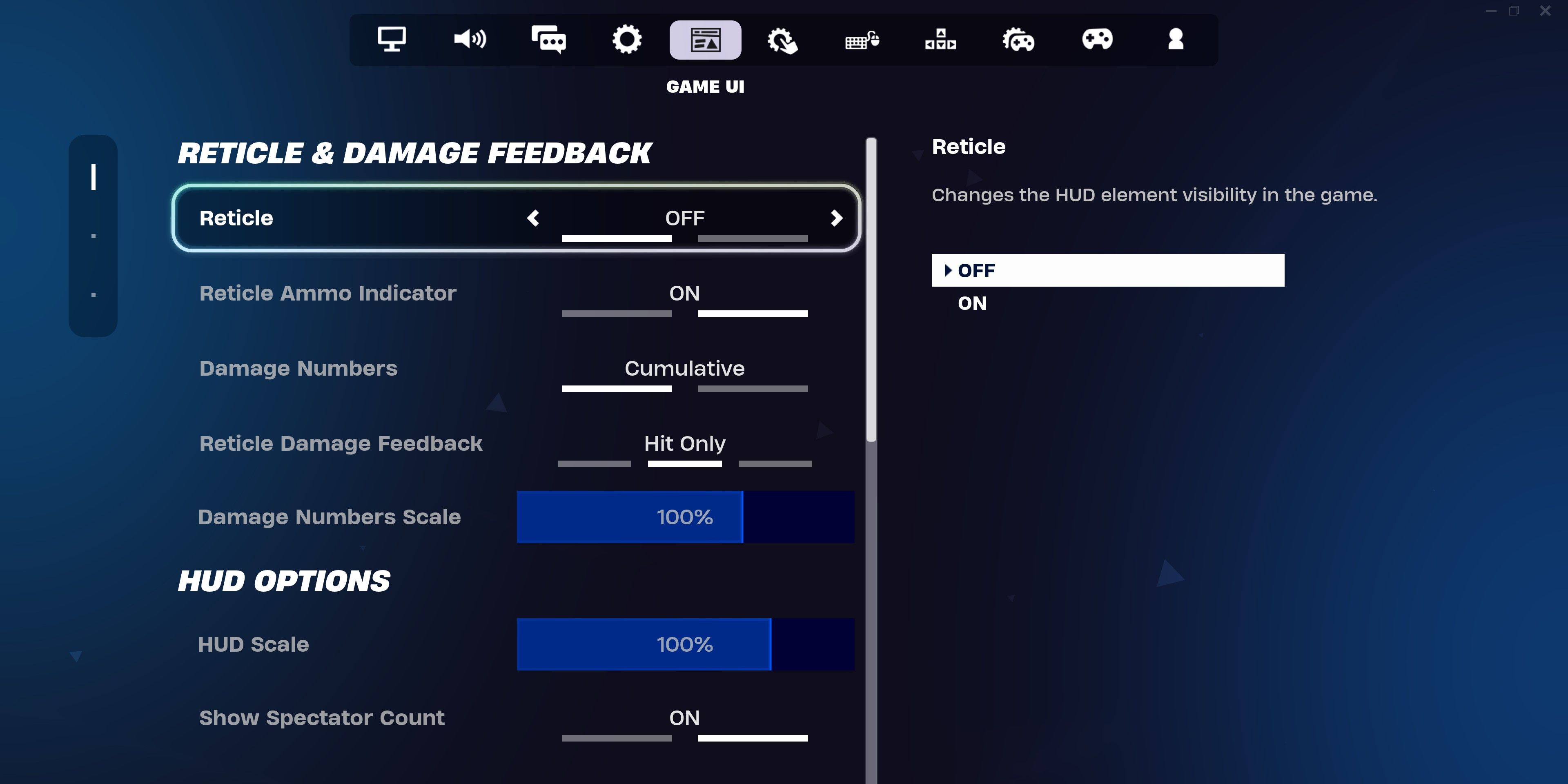 Screenshot showcasing how to turn off the reticle in Fortnite