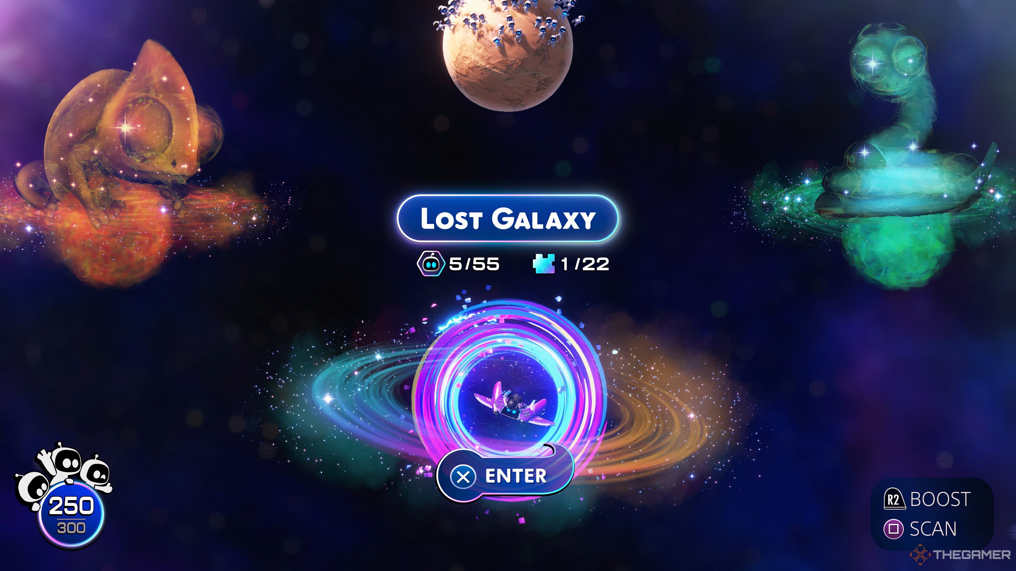 An overview of the Lost Galaxy menu screen in Astro Bot.