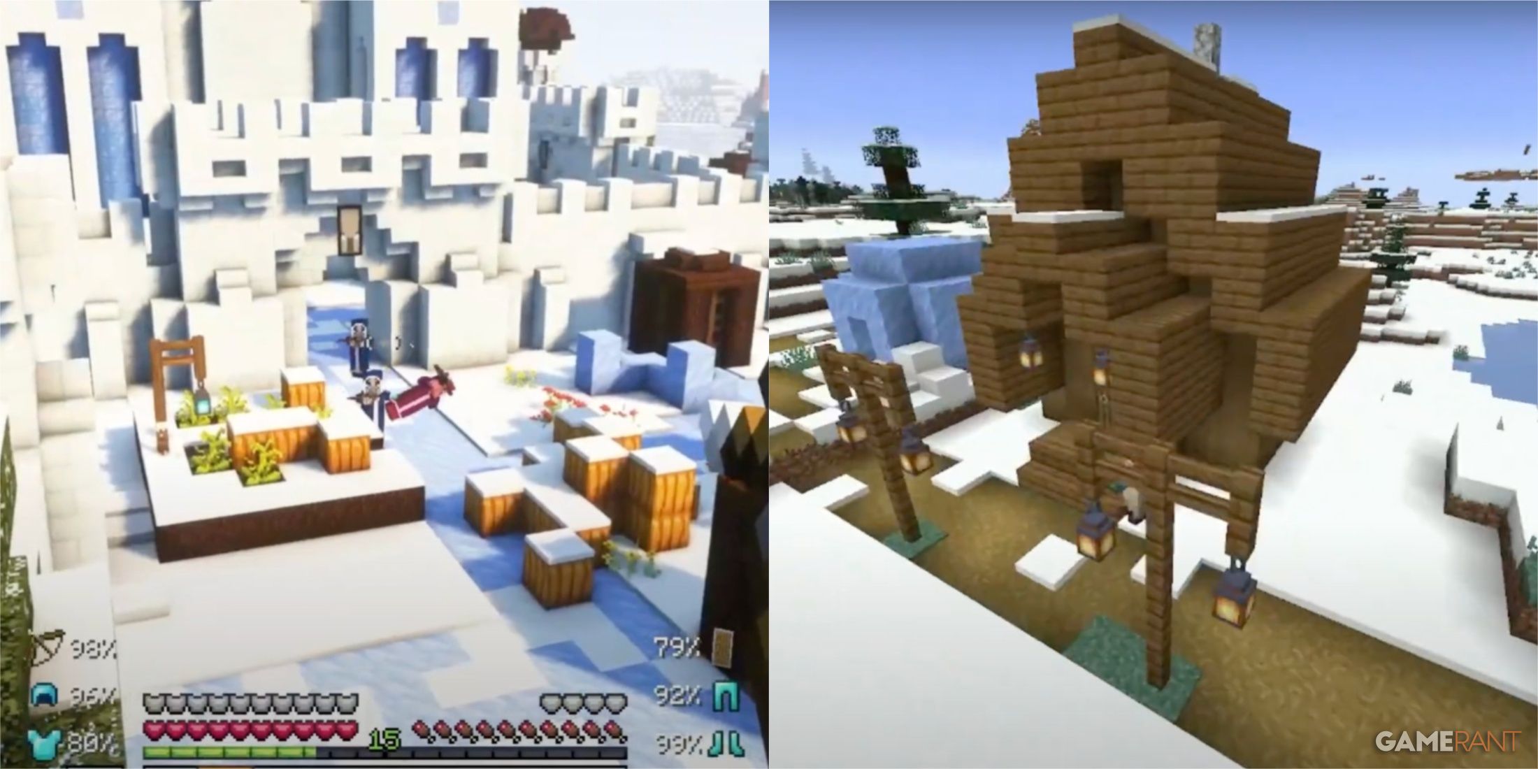 split image of a pillager outpost and a snow village in Minecraft