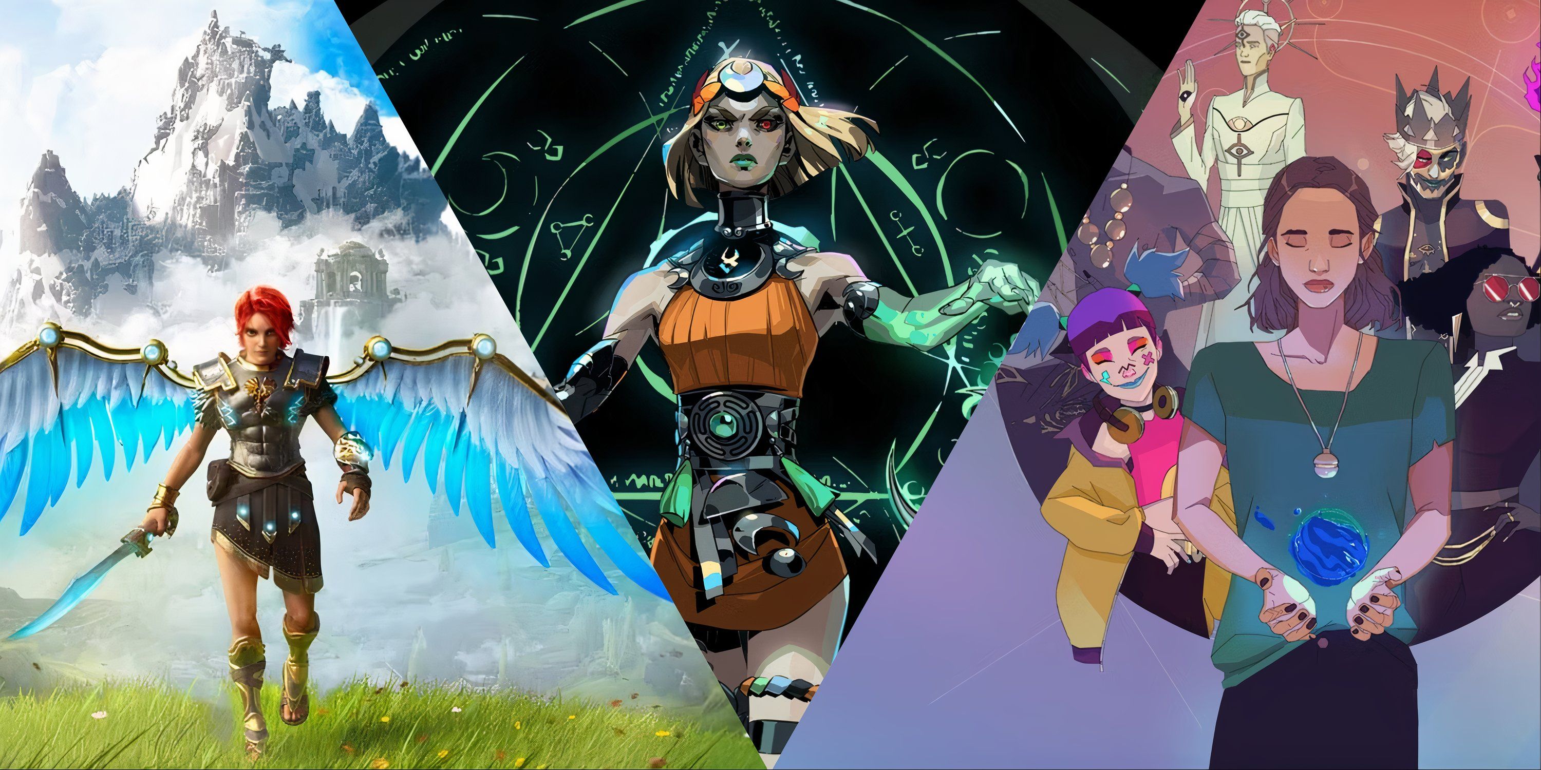 Three-image collage of Fenyx walking into frame on grassy plains with wings and sword out, Melinoe from the main art of Hades 2 in the center, and Polly and the main characters from Harmony: Fall of Reverie.