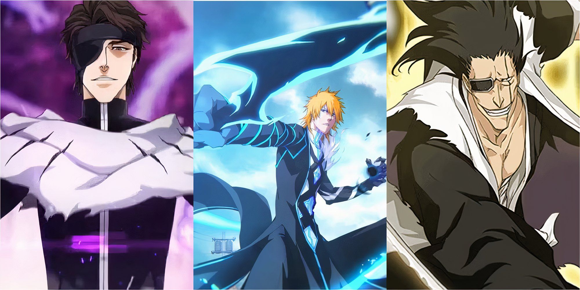 Aizen Sousuke - left, Ichigo Kurosaki - middle and Zaraki Kenpachi - right