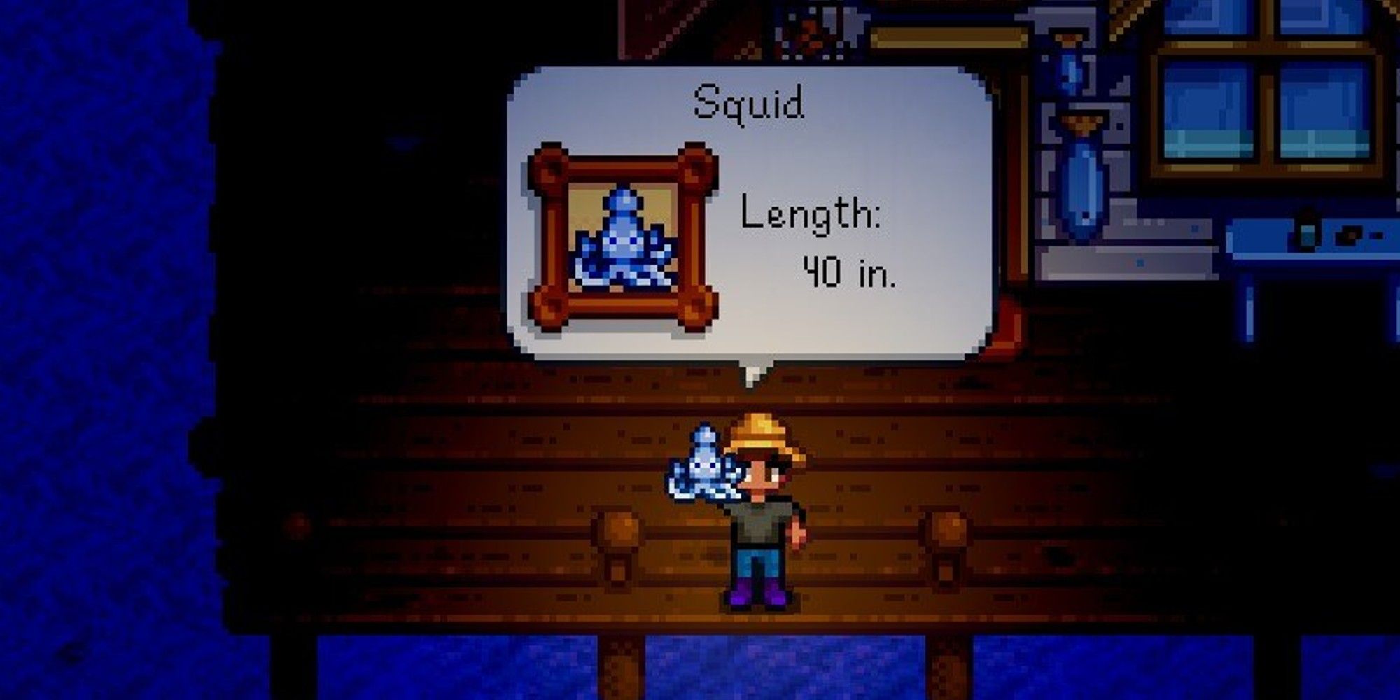 player standing on docks holding a newly caught squid.