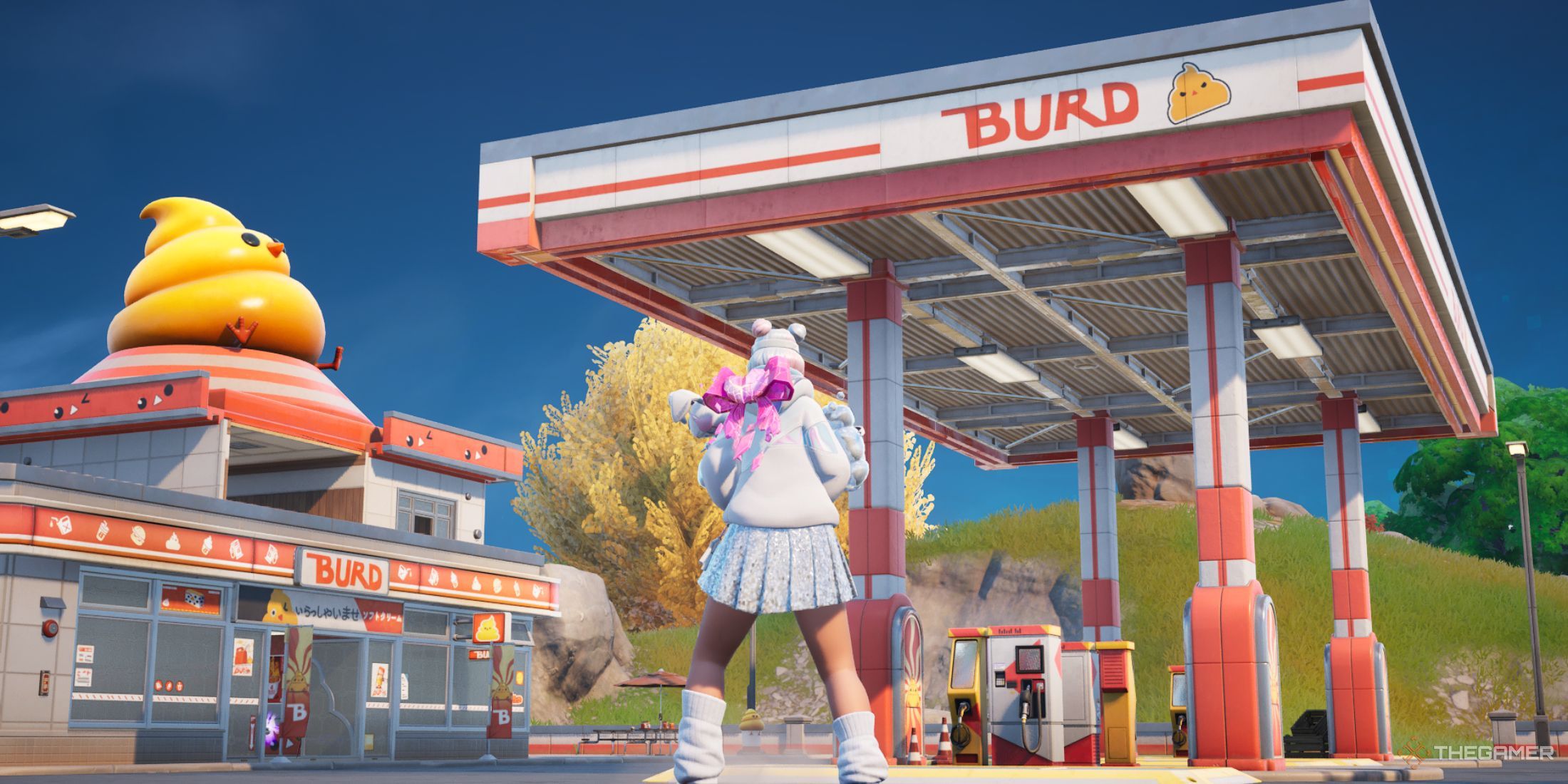 A photo of a character in Fortnite in front of Burd.