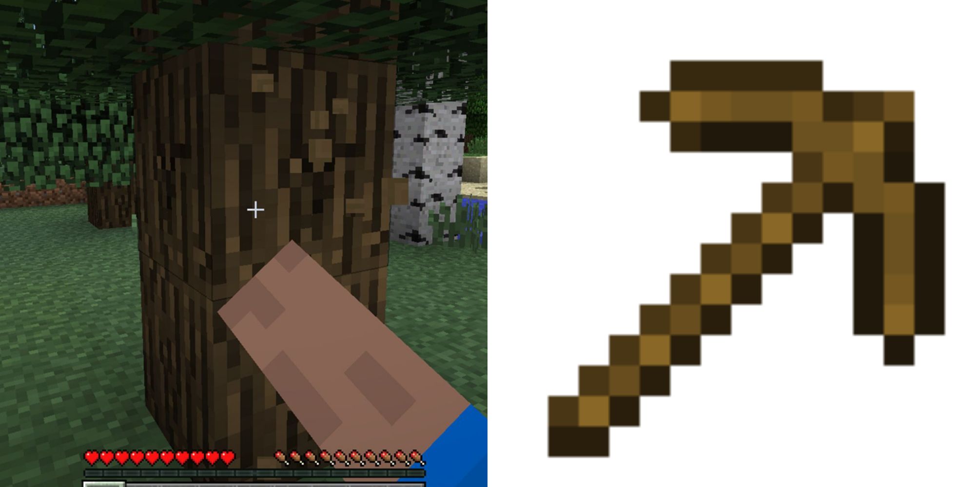 Punching a tree in minecraft, and a pickaxe on the screen next to it.