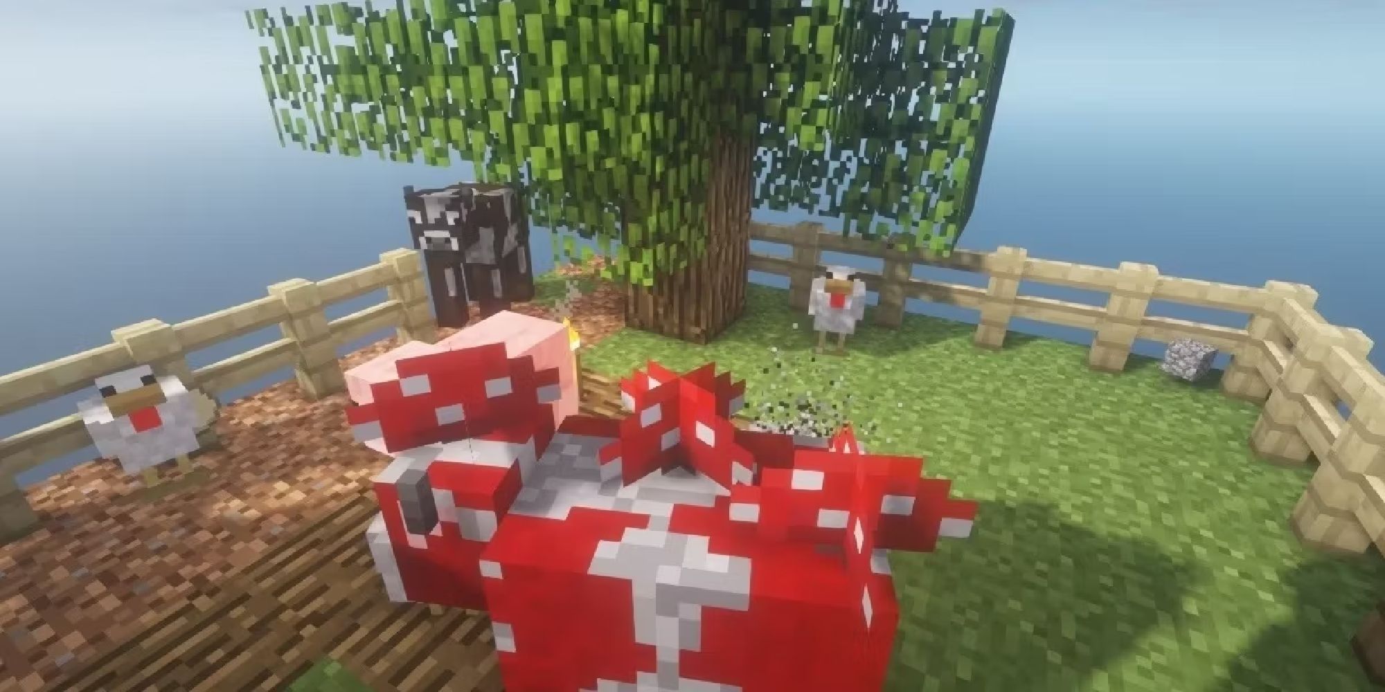 A fenced in area with chickens, cows, and a mooshroom.