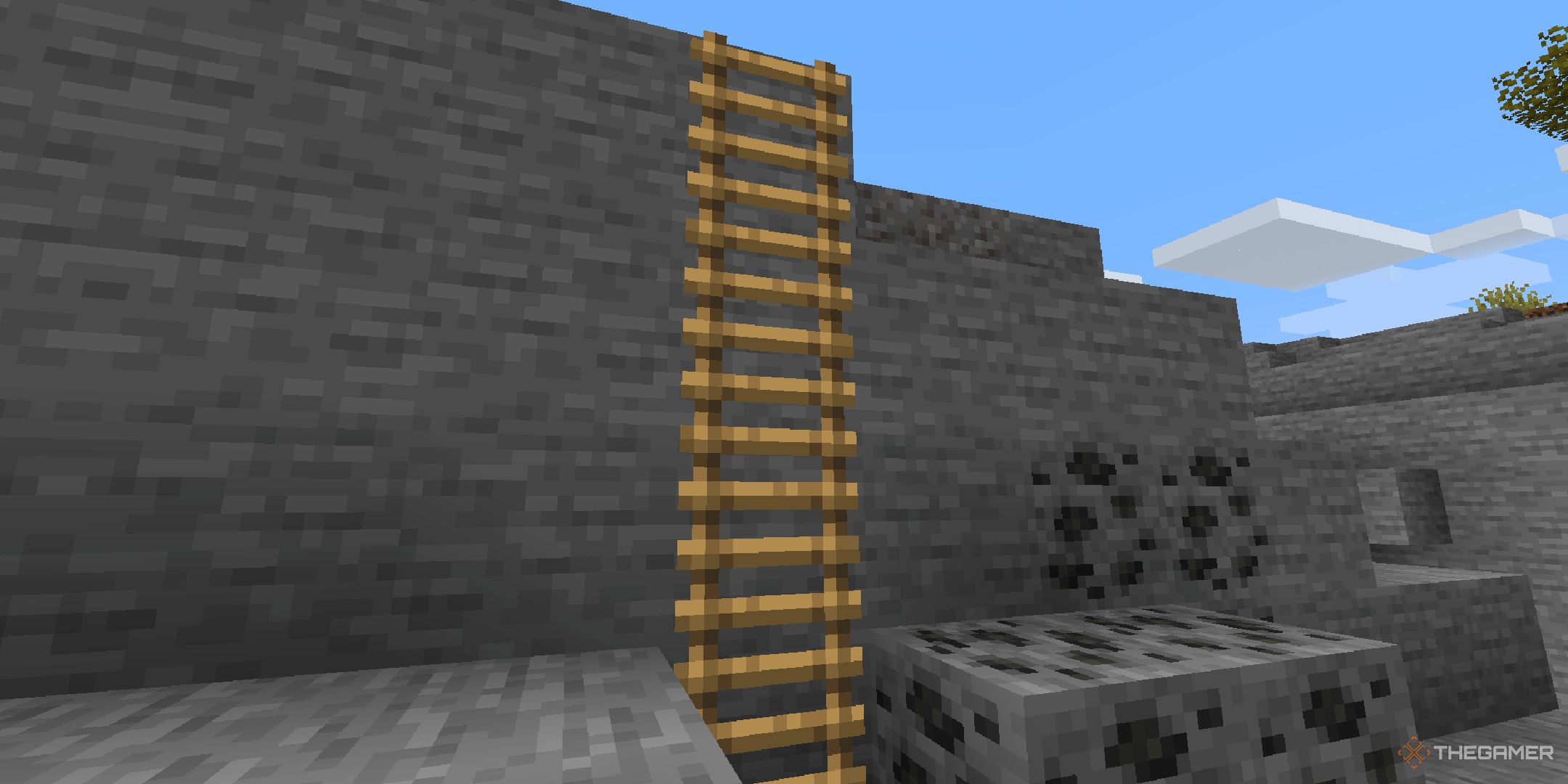 Minecraft ladders attached to stone.