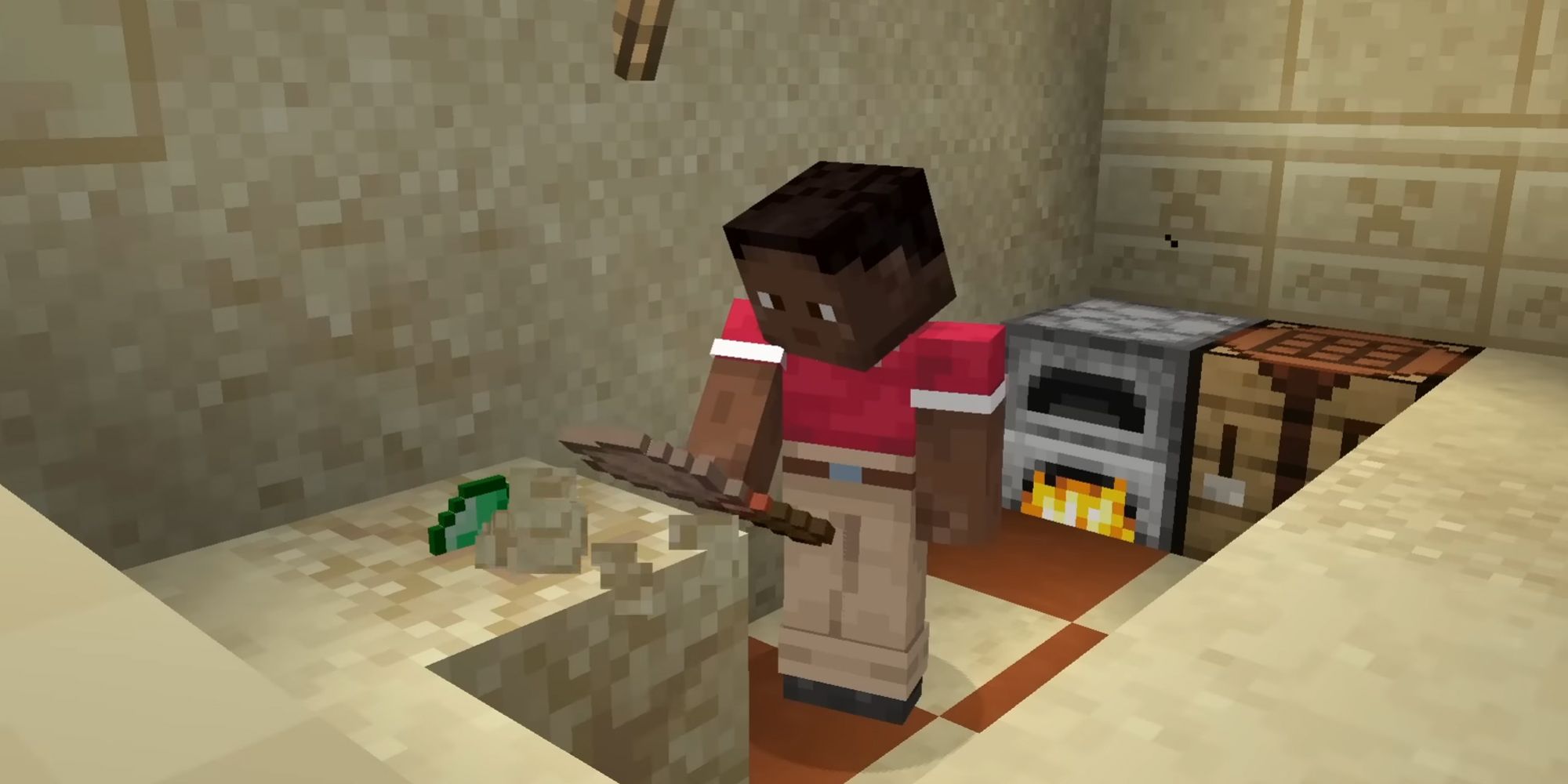 Minecraft player digging emeralds out of sand next to a furnace and crafting table.