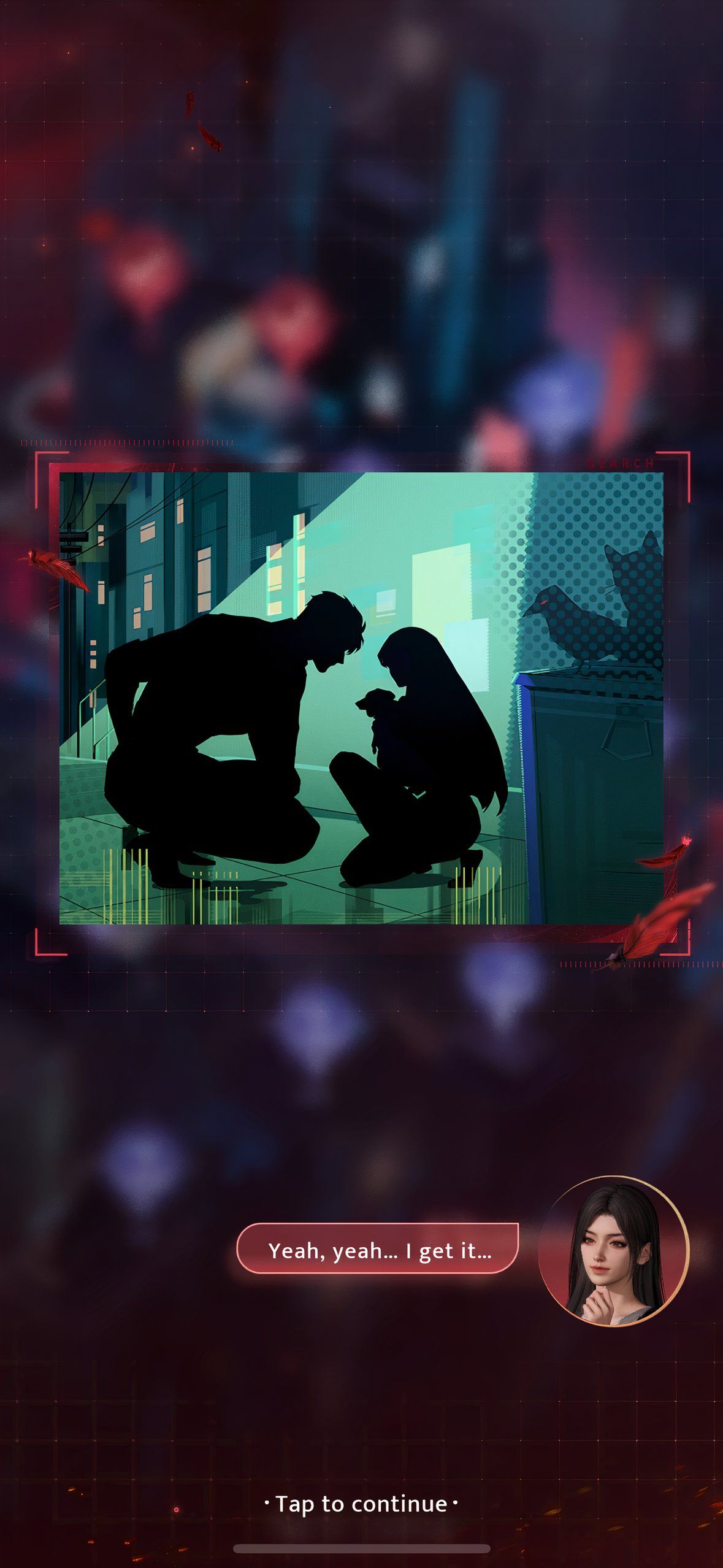 Love And Deepspace: An image of the player and Sylus with a stray dog in an investigation story from Charon: West.