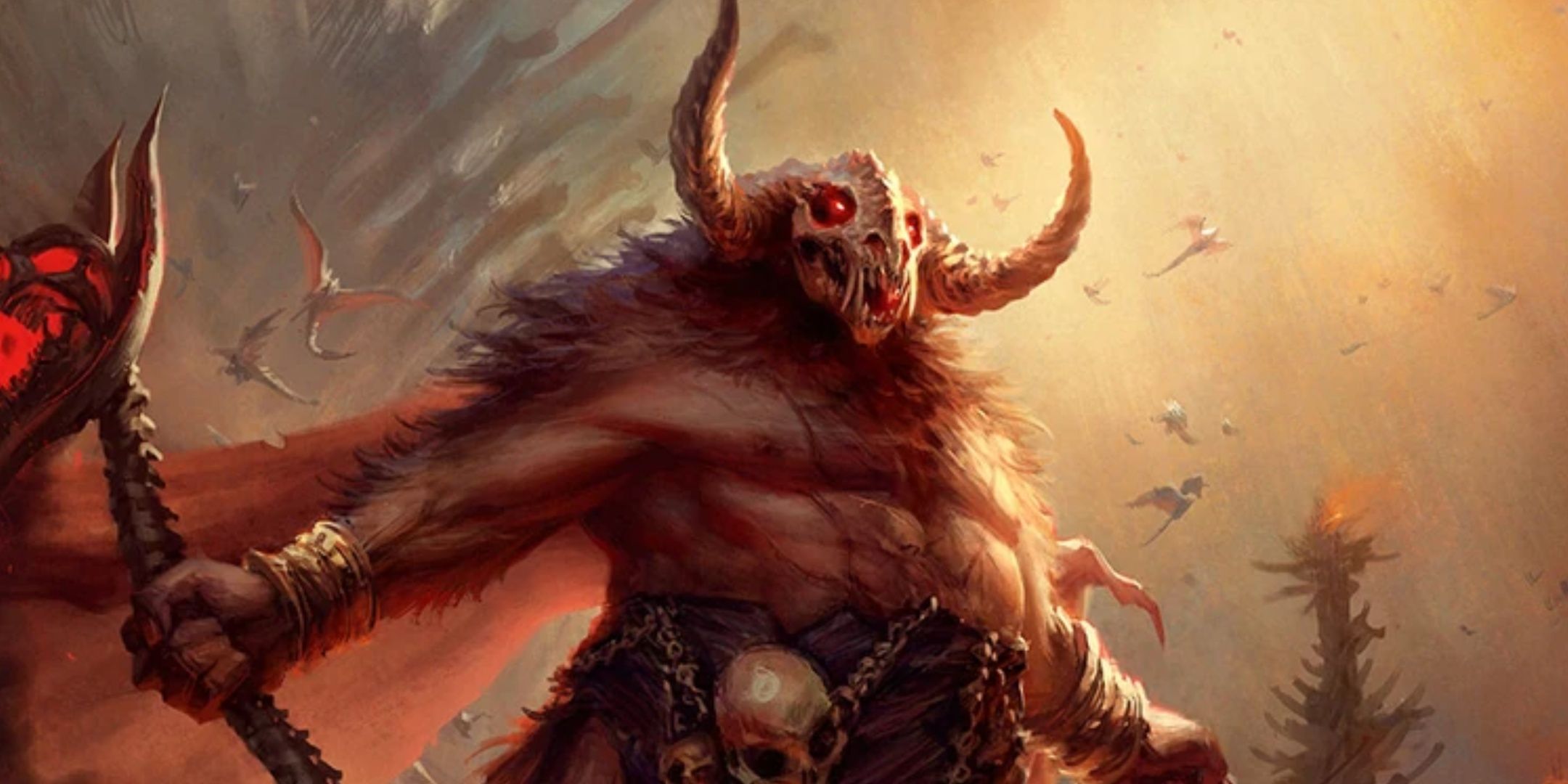 Orcus from Dungeons & Dragons, a large demon lord with the skull of an animal and large horns.