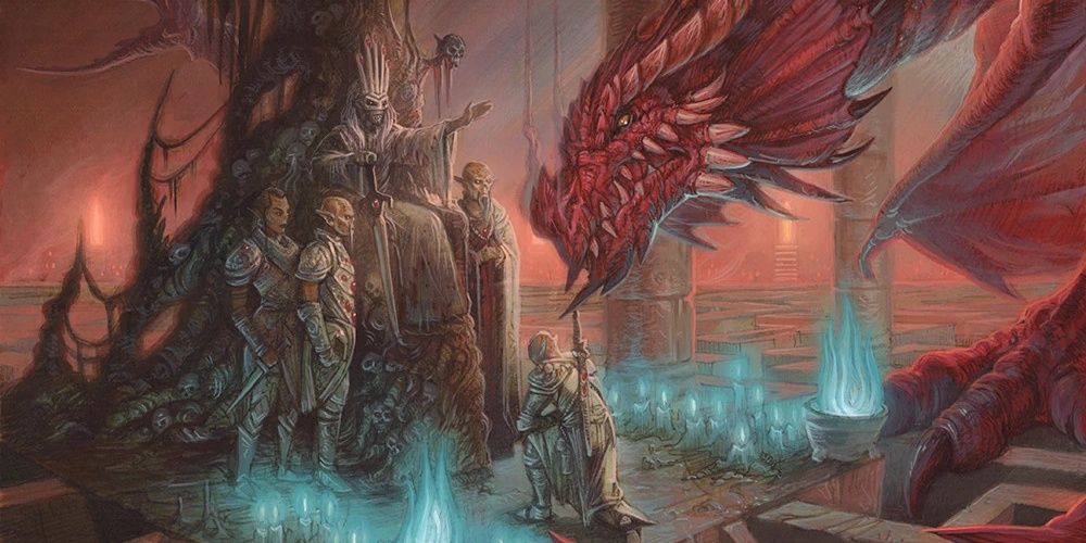 a githyanki lich surrounded by her gith warriors and a red dragon.