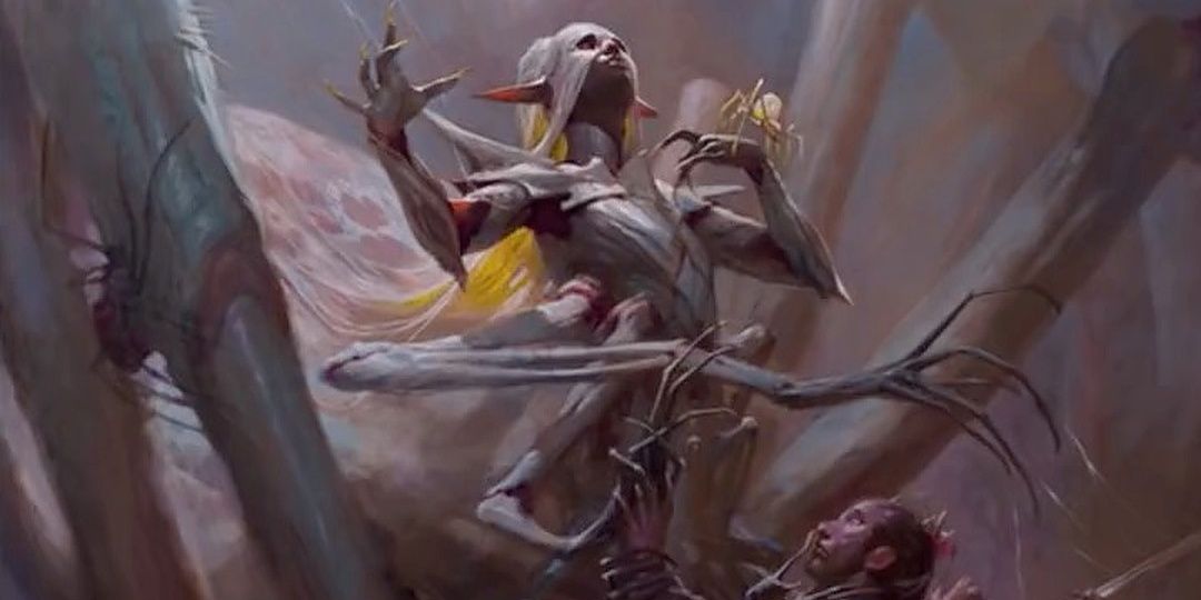 D&D art of lolth crawling with spiders as she touches a human.