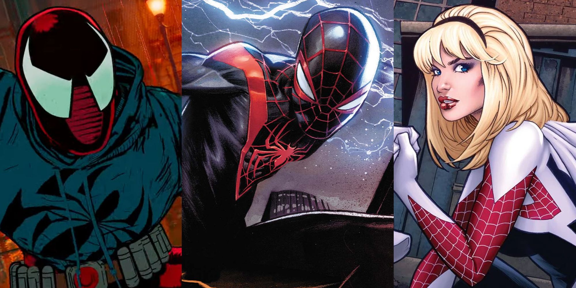 Scarlet Spider in Across the Spiderverse; Miles charging an electric punch; Spider-Gwen with her mask off