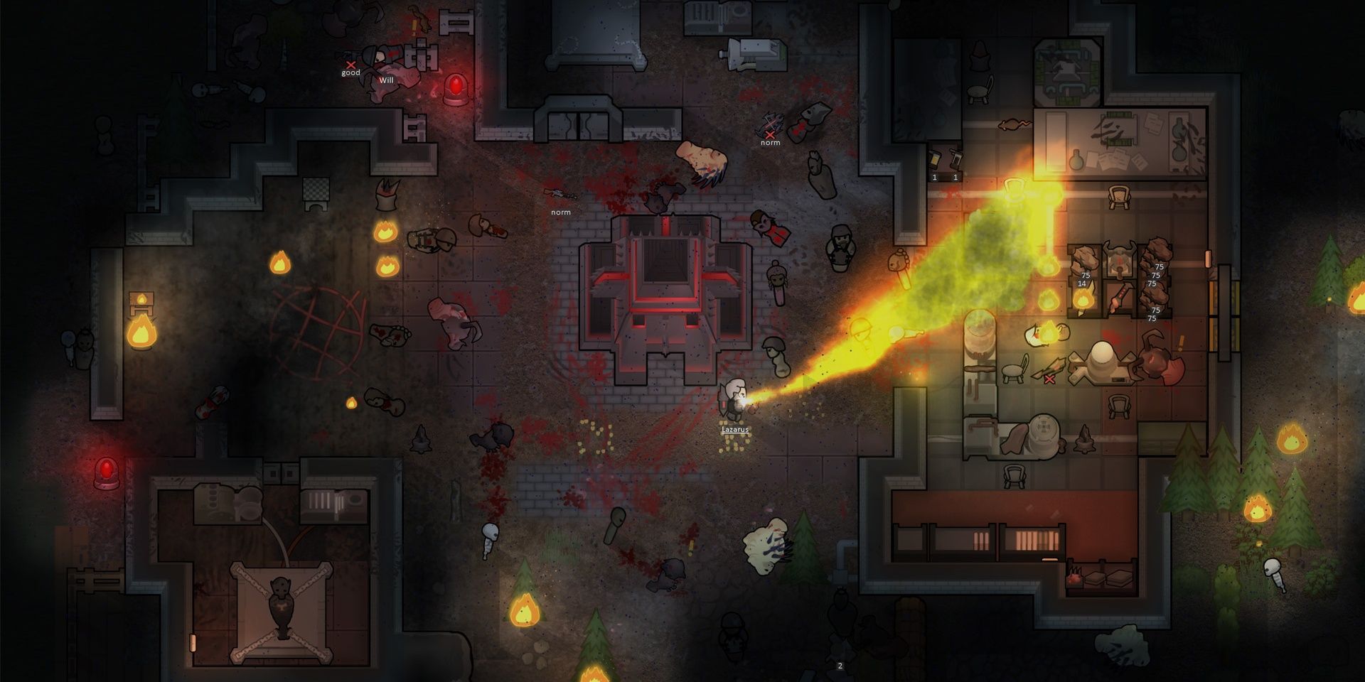 Armory flamethrower and colonists in Rimworld