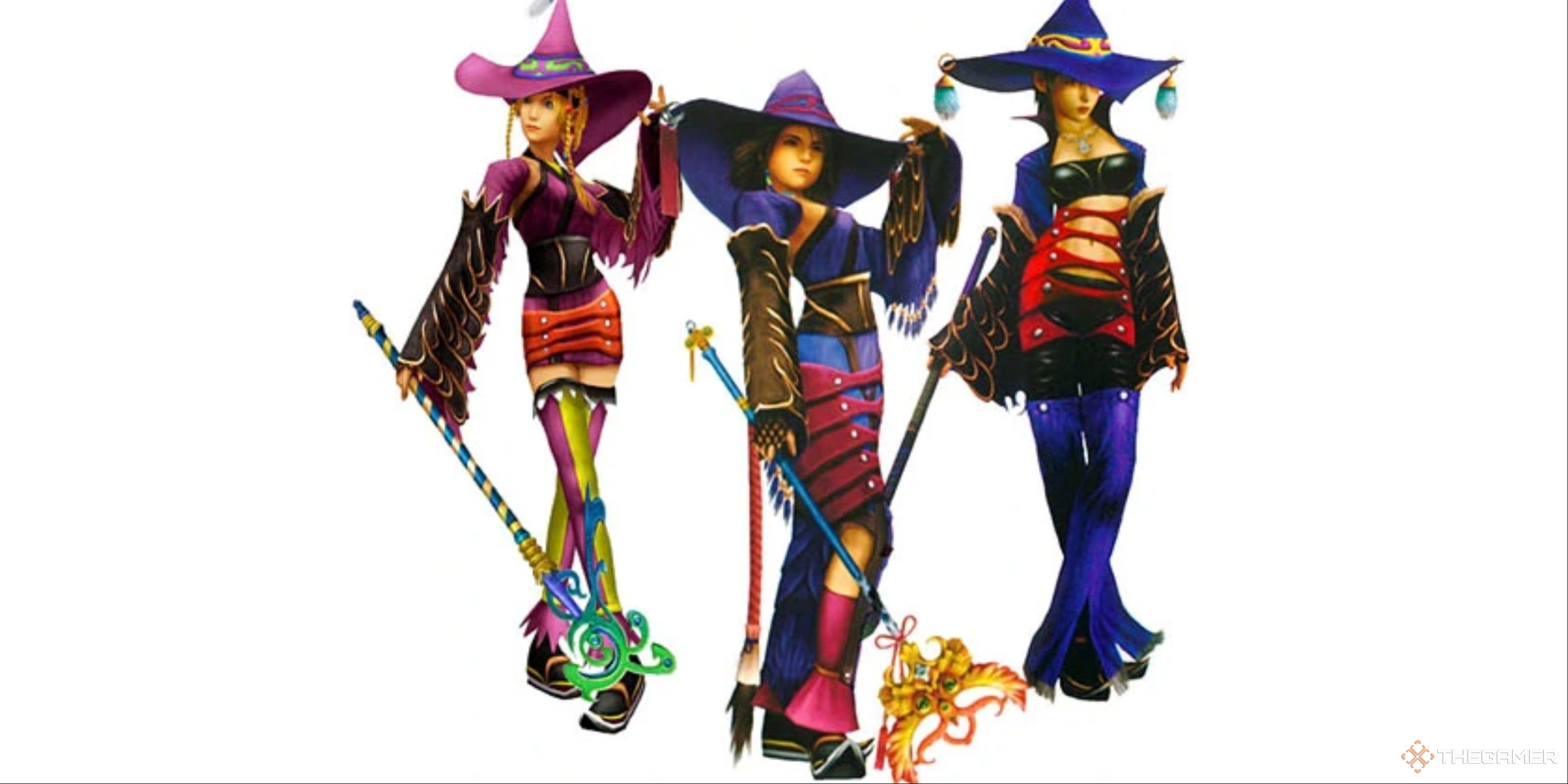 Yuna, Rikku and Payne of Final Fantasy X-2 all with the Black Mage Dressphere equipped.