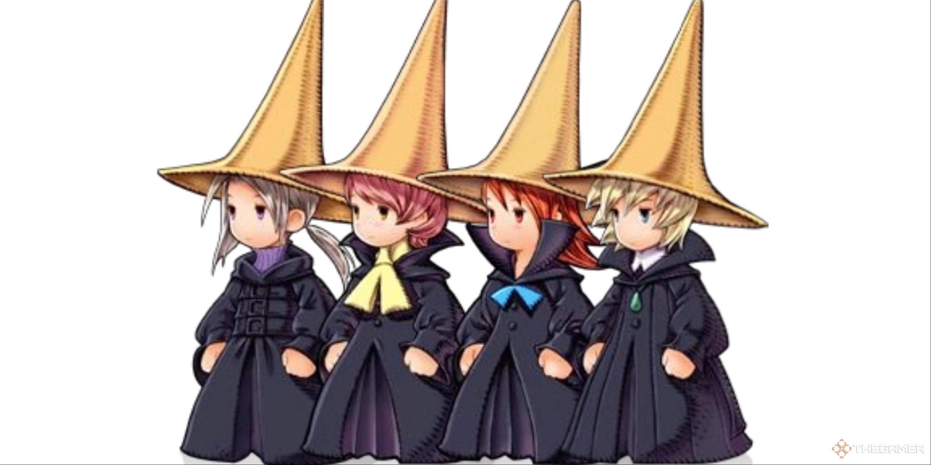 Official artwork of all four party members from Final Fantasy 3 dressed as Black Mages.