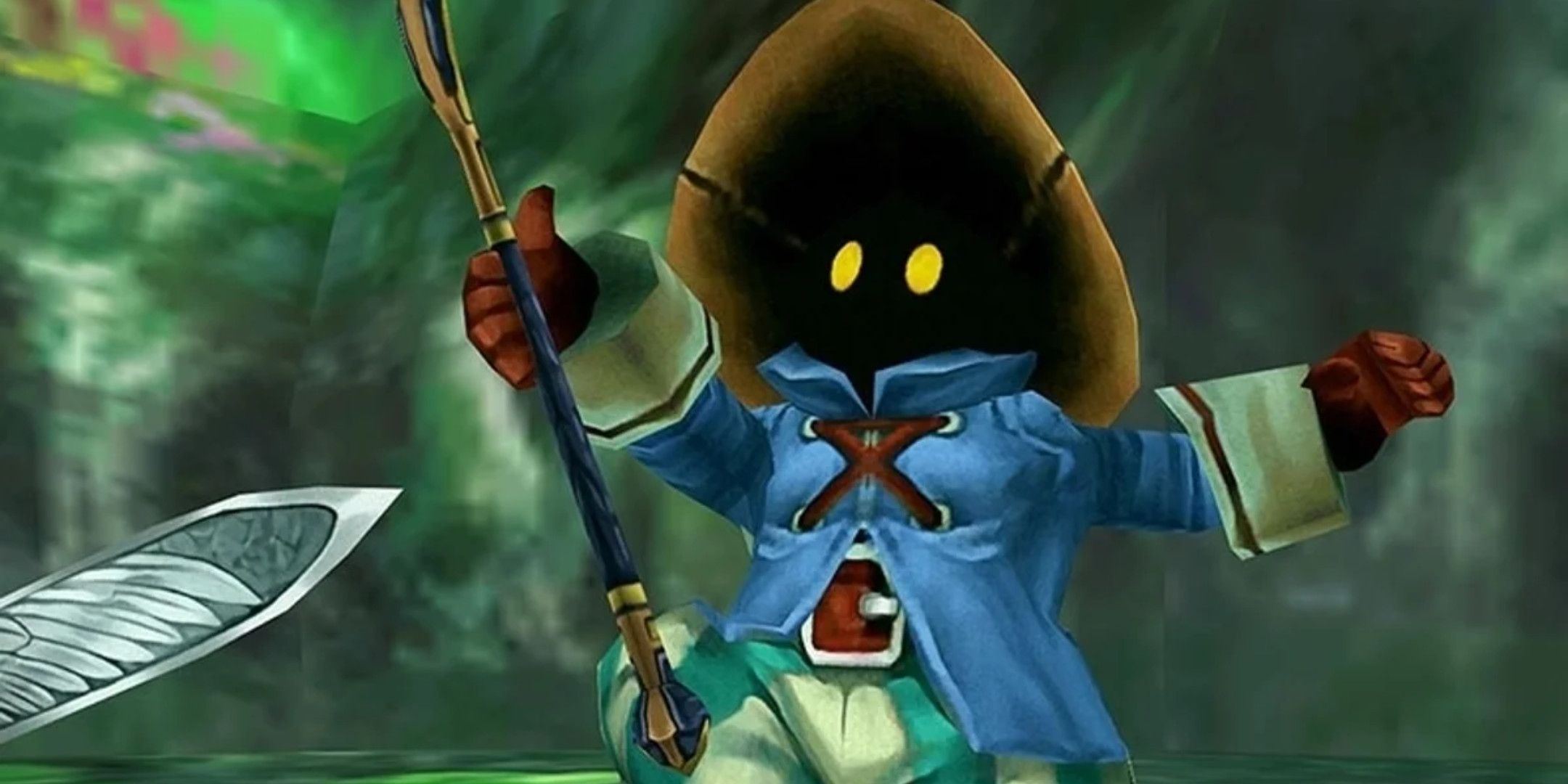 Vivi with his staff raised in Final Fantasy 9.