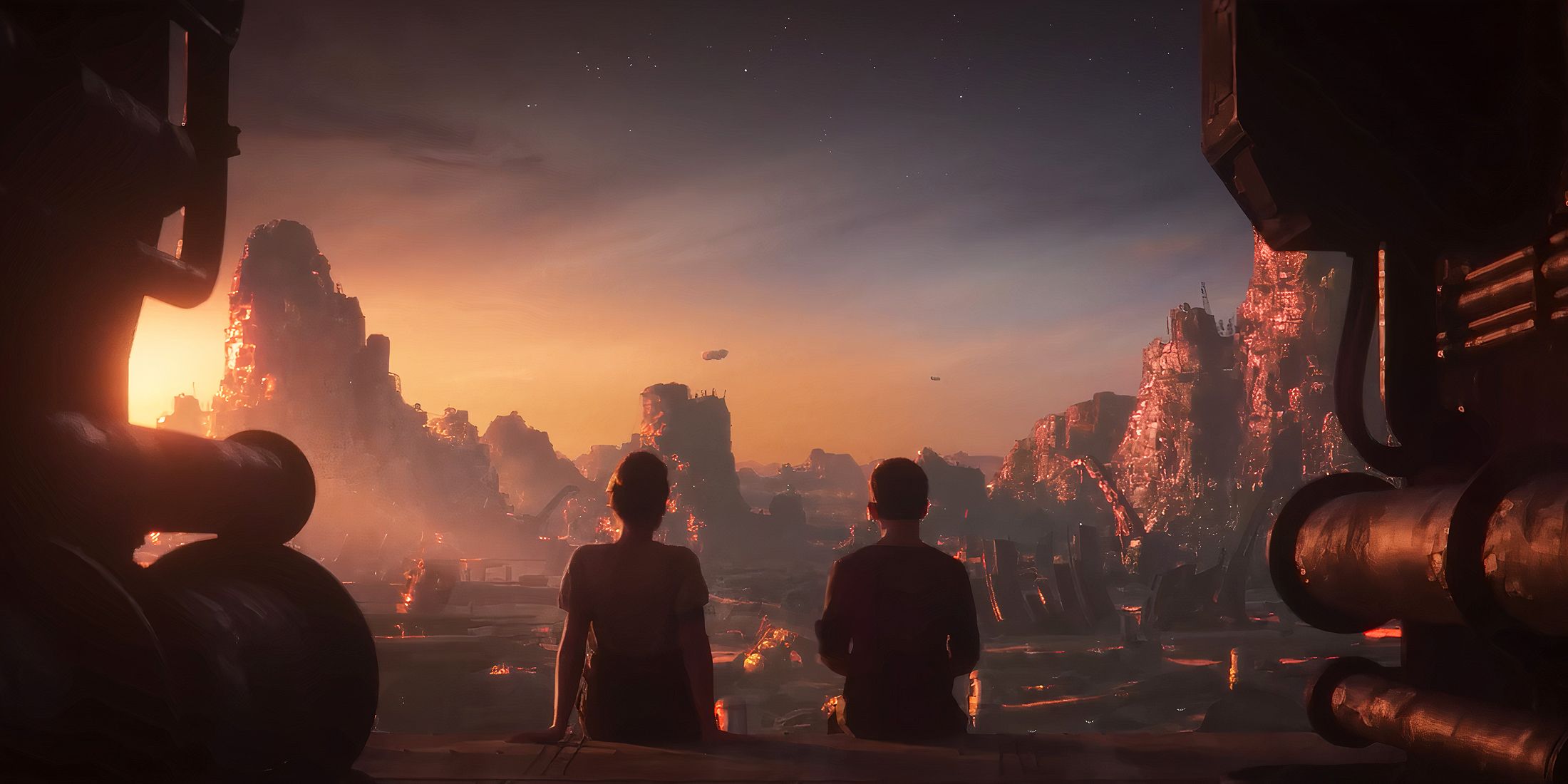 Two characters looking out at a city in Secret Level's Outer Worlds 2 episode