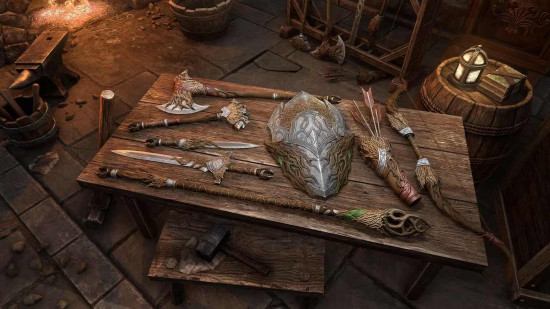 ESO Frosty Fun Golden Pursuits event 2024: Various weapons in the Evergreen Saturalia weapon style placed on a wooden table.