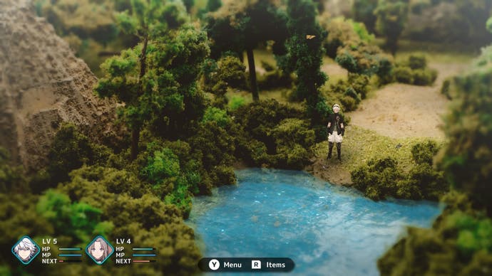 Fantasian screenshot showing character stood by a beautiful creek in a forest