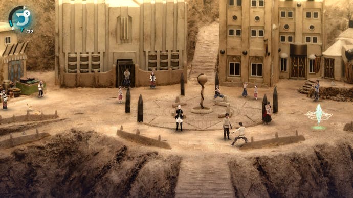 Fantasian screenshot showing characters stood in the central square of a dusty town