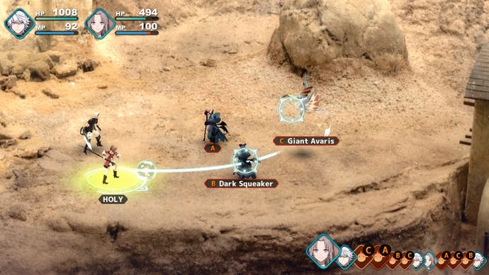 Fantasian screenshot showing battle in a sandy environment and a curved aiming line for attack