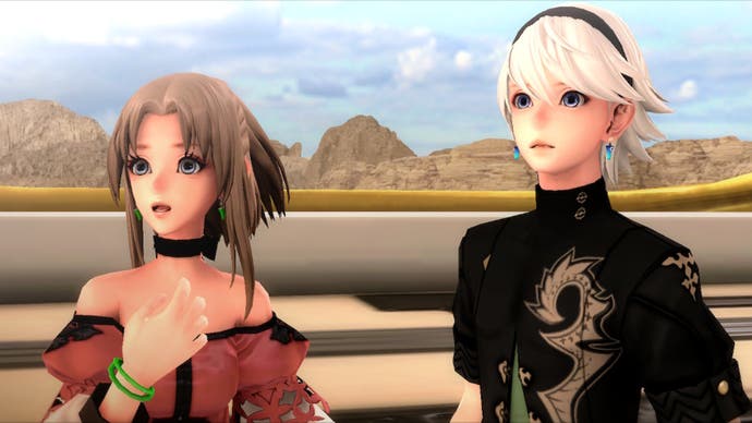 Fantasian screenshot showing white-haired male character and brown-haired female looking shocked in close up