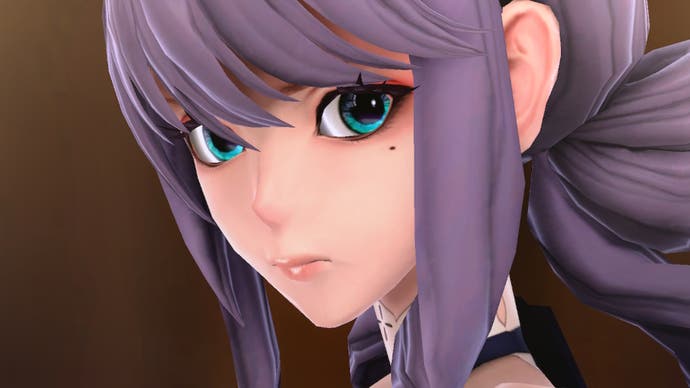 Fantasian screenshot showing extreme close up of purple-haired female character