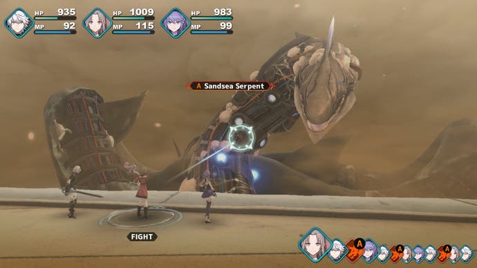 Fantasian screenshot showing characters battling against a giant dragon beast in a sandstorm