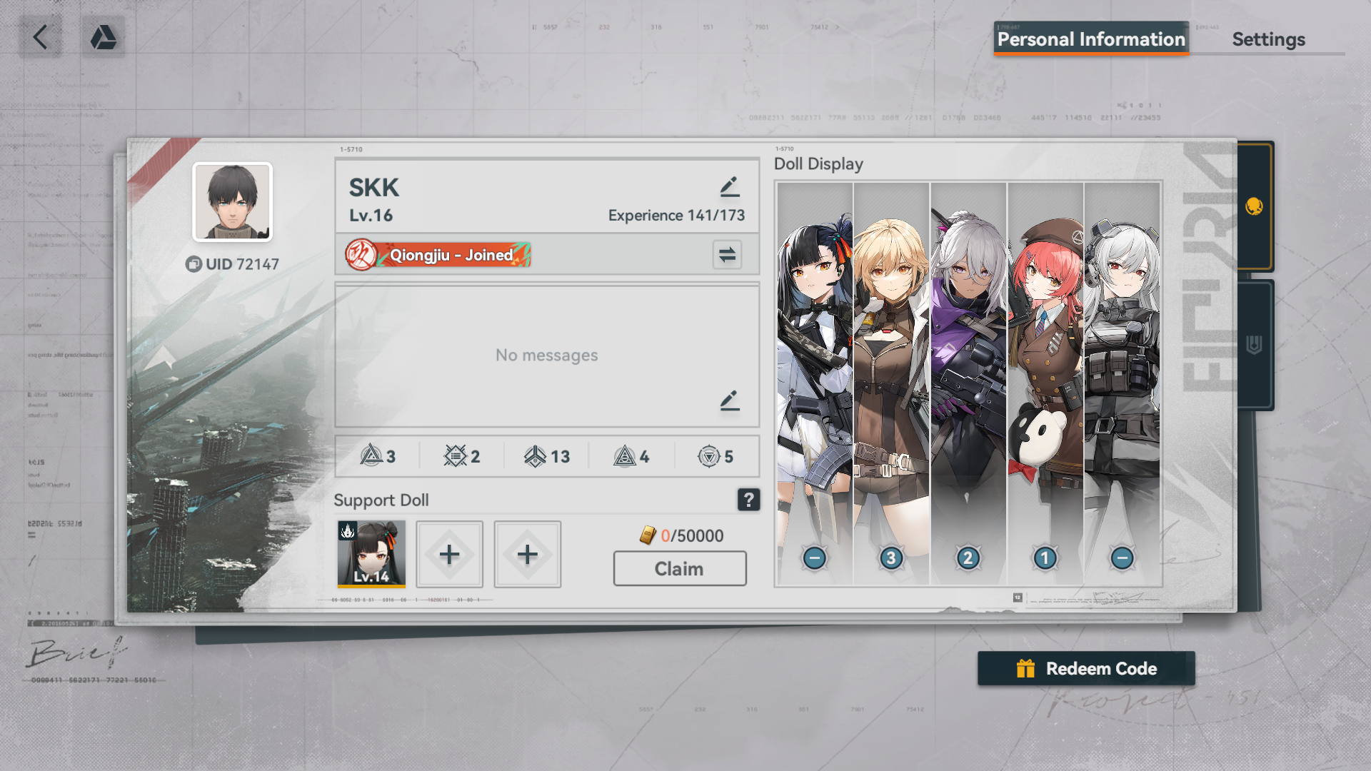 Redeem code button in GFL2's profile screen