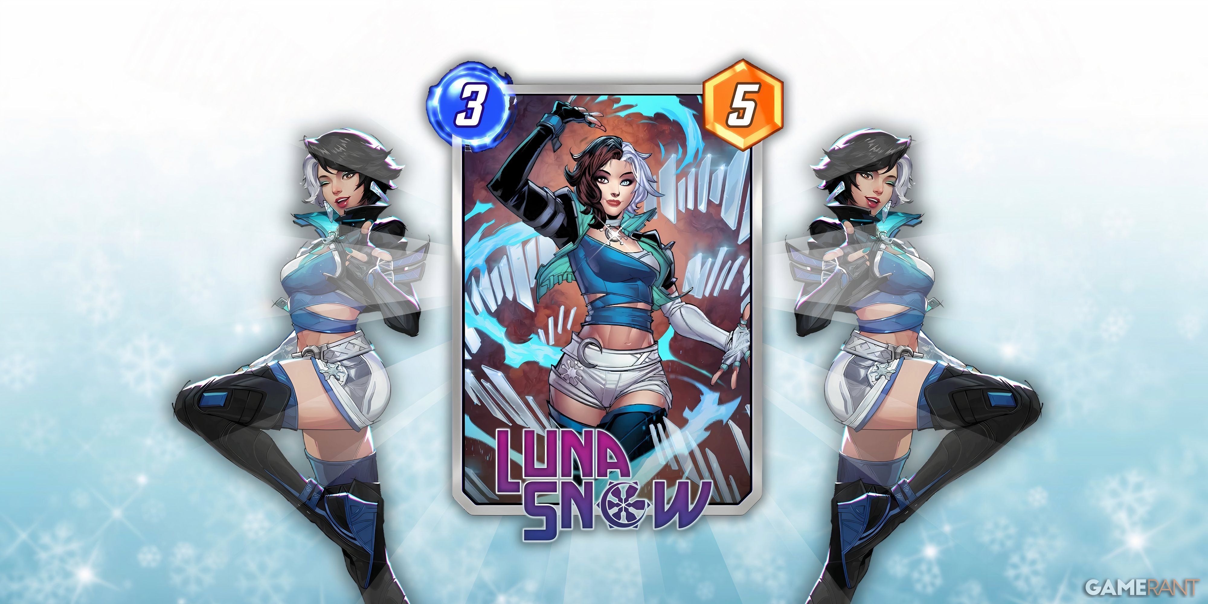 luna snow's card in marvel snap next to her character design in marvel rivals.