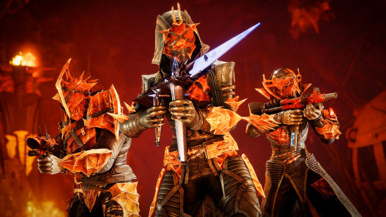 Destiny 2 Revenant armor: a trio of Guardians wearing spiky, Slayer Baron armor