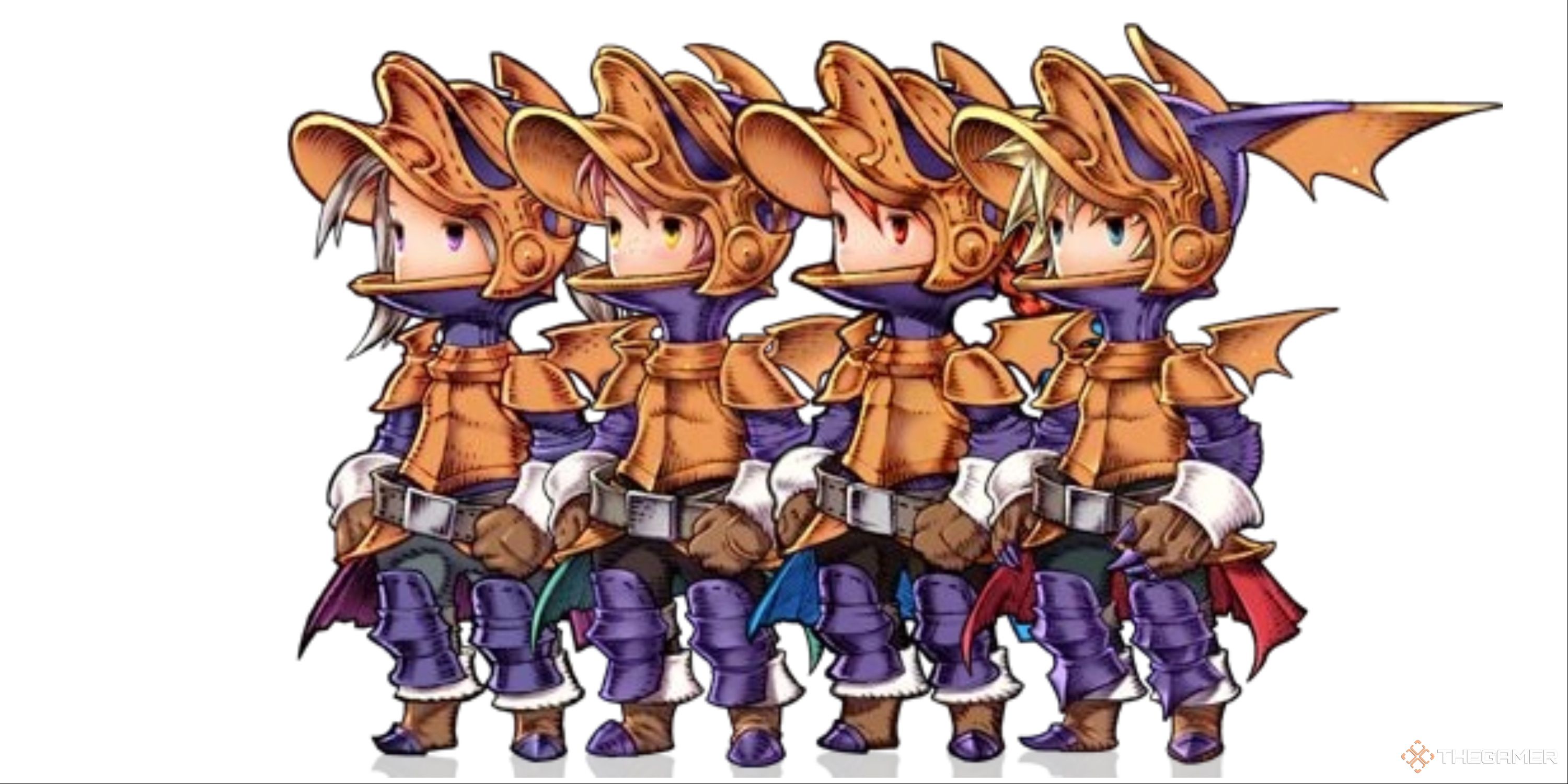 Four characters from Final Fantasy 3 all equipped with the Dragoon class.